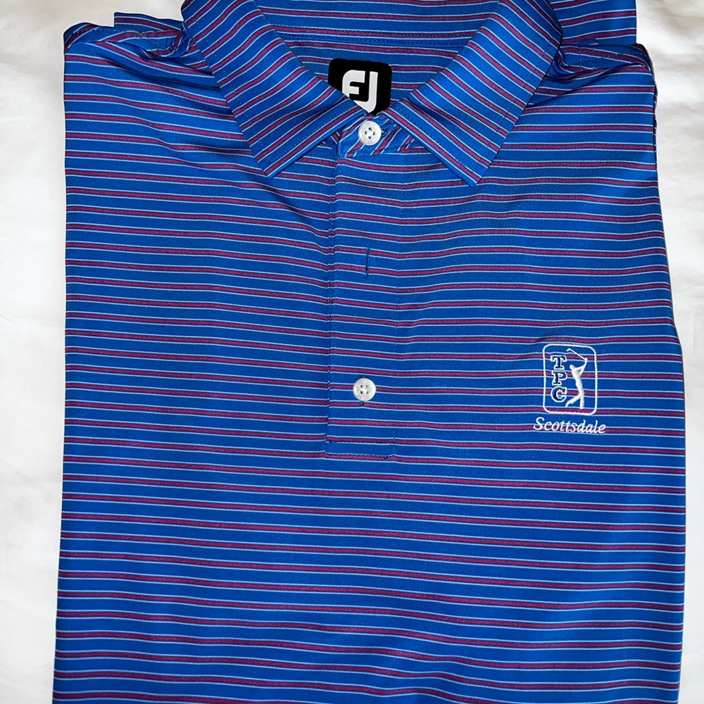 NWOT FootJoy Blue & Pink Striped Performance Polo TPC Scottsdale
